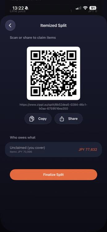 Zippl itemized split — QR code and who owes what
